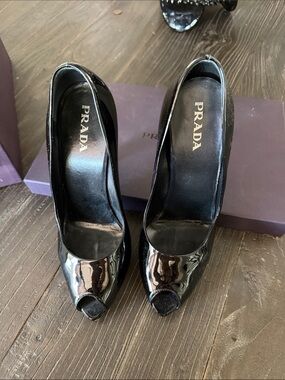 Prada Black Vernice Patent Peep-Toe Pumps